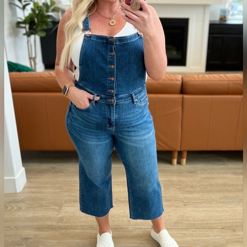 Judy Blue Wide Leg Crop Women 1XL Overalls Button Front Denim Blue One Piece